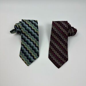 Set Of 2 Missoni Abstract Geometric Neck Ties Green/Blue & Pink/Purple 3” X 58”